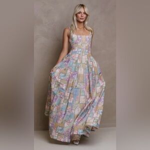 Aqua Blu Pastel Claudette Patchwork Square-Neck Maxi Dress